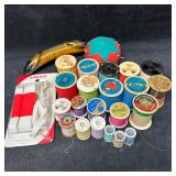 Vintage Sewing Notions Lot Thread Spools Pincushio