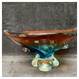 Murano Style Hand Blown Art Glass Footed Bowl with