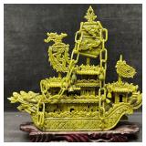 Faux Jade Fine Carved Resin Green Dragon Boat Ship
