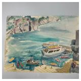 Harbor Scene Watercolor Painting with Boats and Co