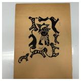Folk Art Style Linocut Print with Figure and Anima