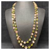 Green and Pink Glass Bead Square Beaded Long Neckl