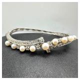 14k White Gold Diamond & Pearl Hinged Bangle