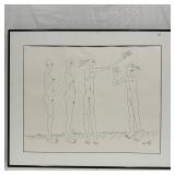 Framed Minimalist Surreal Nude Line Figures Drawin