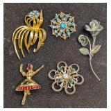 Vintage Gold Silver Tone Unmarked Dancer Rose Rhin