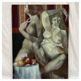 Modern Figurative Oil Painting of Two Seated Nude