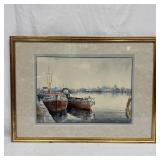 Watercolor Harbor Scene with Docked Boats Signed F