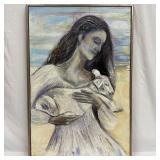 Framed Acrylic Painting Woman Holding Lamb Artwork