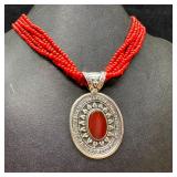 Sterling Pendant Necklace Red Coral Beads