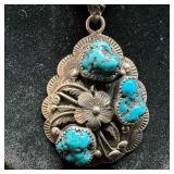 RM Sterling Turquoise Floral Pendant Box Chain Nec
