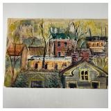 Mid-Century Modern Style Mixed Media Townscape Pai