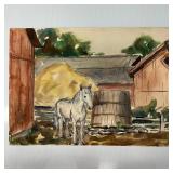 Original Watercolor Farm Scene with White Horse an