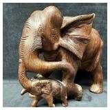Solid Hand Crafted Wooden Elephant Mother and Chil