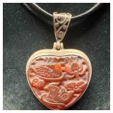 Heart Shaped Carved Floral Bird Designed Carnelian