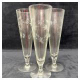 Set of Three Etched Glass Champagne Flutes with Fl