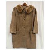 Vintage Tan Suede Mink Fur Collar Coat Button Clos