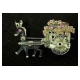 Vintage Silver Tone Brooch Donkey Pulling A Flower