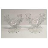 2 Glass Duncan Miller Floral Etched Double Candles