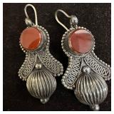 Round Red Carnelian Dangle Ribbed Silverwork Desig