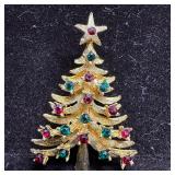 Vintage Christmas Tree Brooch MYLU Rhinestones Gol