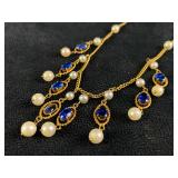 Vintage 14K Gold Sapphire & Pearl Chandelier Neckl