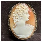 Lady Profile Carved Cameo Shell 800 Silver Brooch