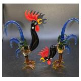 2 Vintage Multicolor Hand-Blown Glass Rooster Figu