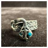 Blue Stone Eyes Snake Coil Silver Ring Taxco W47