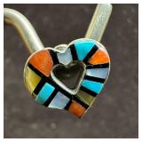 Multi Stone Inlay Heart Shaped Zuni Style Silver E