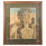 Vintage Mixed Media Nude Tribal Couple US Army