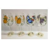 4 Hand Painted Wine Glasses With Fruit Designs