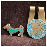 Alpaca Mexico Silver Green Enamel Inlay Brooch and
