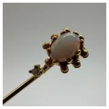 White Opal and Accent Diamond Stick Pin 14K Gold