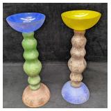 Two Colorful Frosted 14" Glass Candlestick Holders