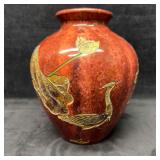 Cloisonne Vase Red Marble Design Gold Toned Inlay