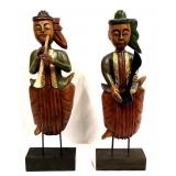 Pair of Vintage Carved Wood Thai Painted Musicians