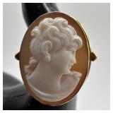 Carved Shell Cameo Art Deco Style 18K Gold Ring W4