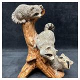 Ceramic Raccoon Family Figurine in Hollow Tree For