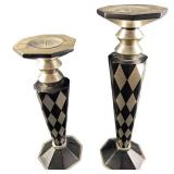 Pair Of Modern Black & Silver Wood Candlestick Hol