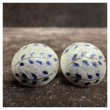 Blue Enamel Leaf Motif Textured 14K White Gold Cir