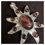 Silver Tone Sunburst Pendant with Red Purple Hue G