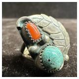 Leaf Feather Design Red Coral Turquoise Set Silver