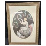 Framed Louis Icart Print Art Deco Woman Blowing Bu