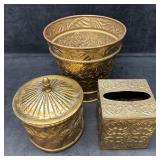 Embossed Brass Vanity Set Wastebasket Covered Jar