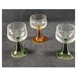 3 Vintage Ribbed Stem Wine Green & Amber Glasses
