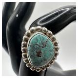 Beaded Border Bezel Turquoise Silver Ring Rain Dro