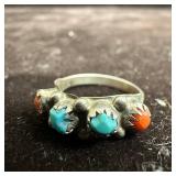 Four Stone Red Coral Turquoise Silver Ring Native