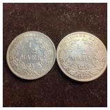 German Empire 1/2 Mark Silver Coins Set Deutsches