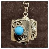 Turquoise Silver Keychain Etruscan Revival Style F