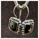 Black Onyx Square Sterling Silver Hook Closure Ear